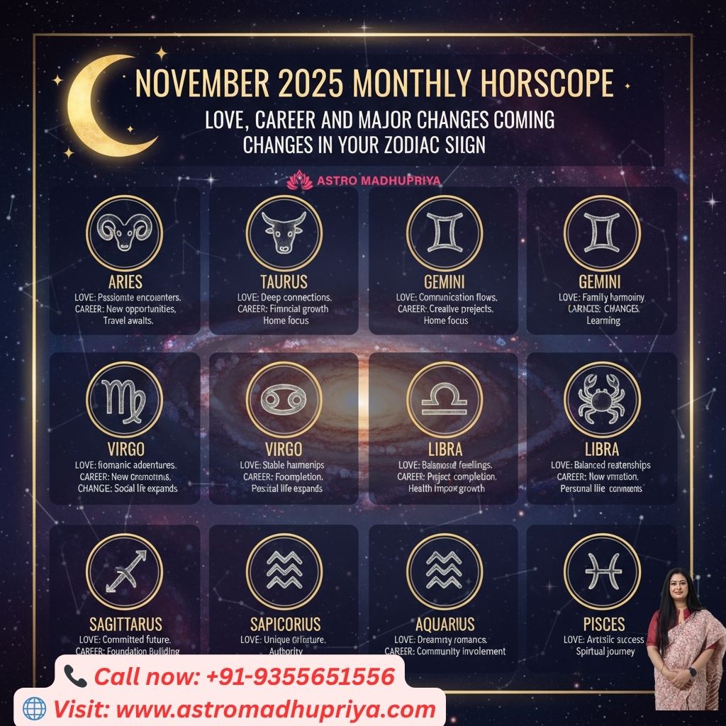 November 2025 Monthly Horoscope by Astromadhupriya – Love, Career, and Major Changes for All Zodiac Signs including Aries, Taurus, Gemini, Cancer, Virgo, Libra, Sagittarius, Capricorn, Aquarius, and Pisces. Contact +91-9355651556 or visit www.astromadhupriya.com
 for personalized horoscope readings.