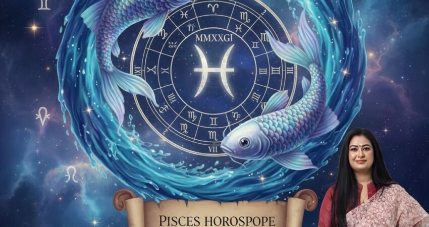 Pisces Horoscope 2026 image featuring a fish symbol, stars, and text highlighting career success, love, and spiritual awakening as predicted by AstroMadhupriya.