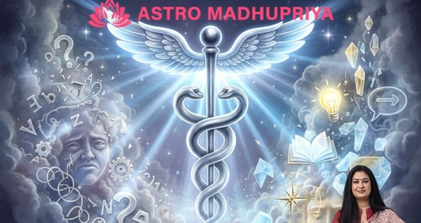 A central, glowing silver Caduceus divides a stormy, confused left side from a clear, radiant right side, illustrating "Power of Mercury: Transform Confusion into Clarity