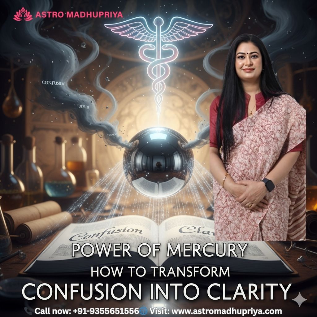 where a radiant Caduceus (Mercury's symbol) splits the scene: turbulent chaos and a distressed face on the left is transformed into clear crystals and a relieved face on the right, symbolizing the power to achieve mental clarity.