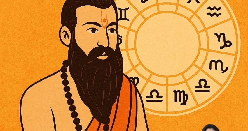 An Indian astrologer in traditional attire pointing at an astrological chart, with the Hindi text 'पंजाब के सर्वश्रेष्ठ ज्योतिषाचार्य