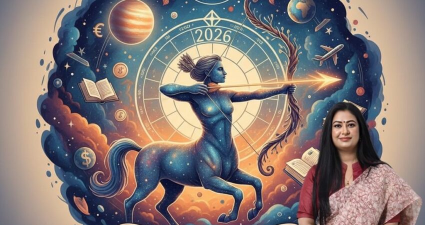 Sagittarius Horoscope 2026 poster with centaur constellation, galaxy background, and Astro Madhupriya branding.