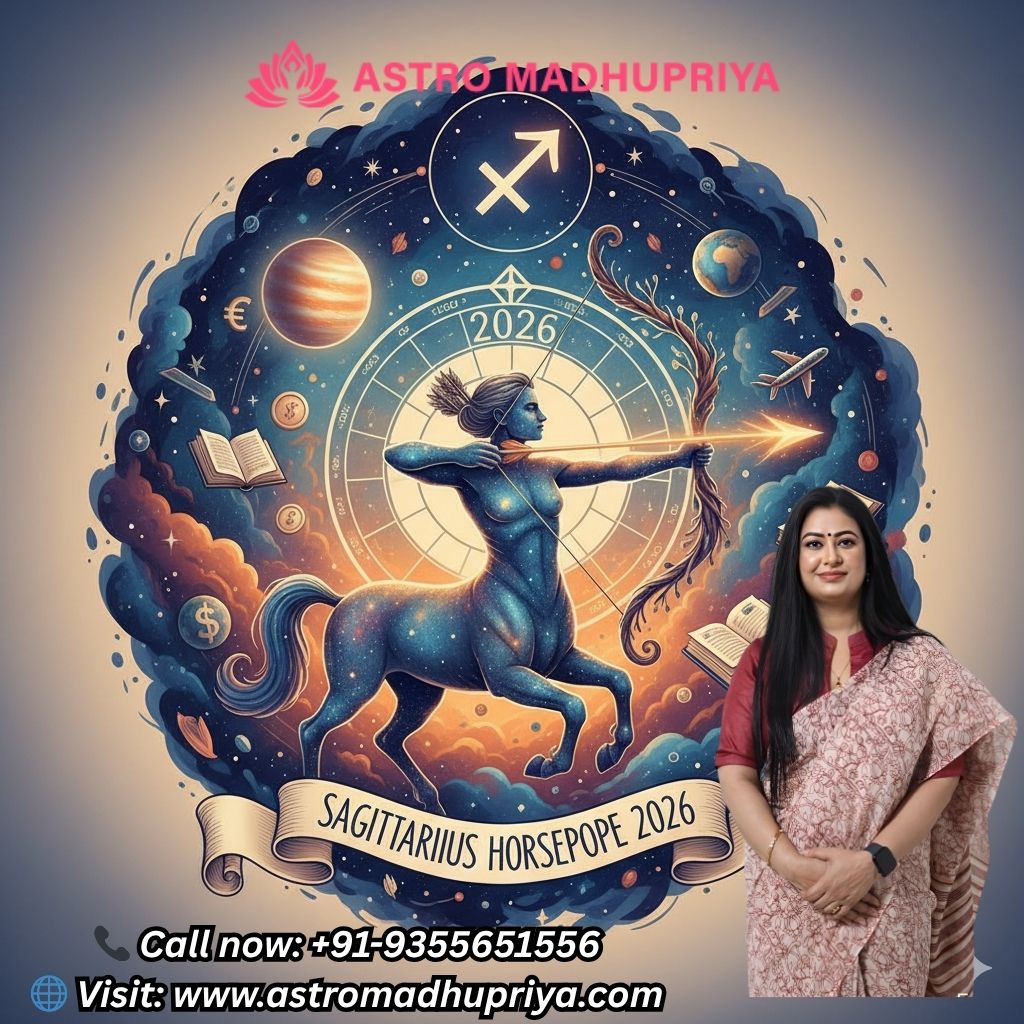 Sagittarius Horoscope 2026 poster with centaur constellation, galaxy background, and Astro Madhupriya branding.