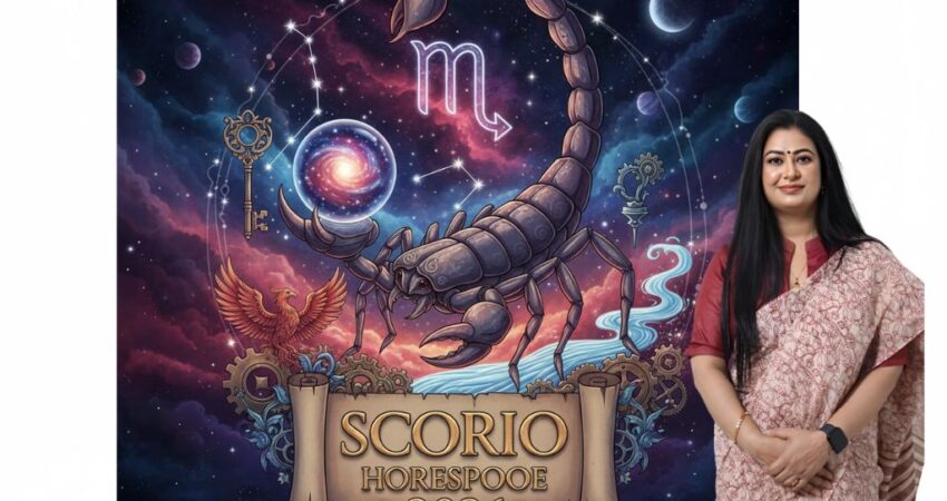 Scorpio Horoscope 2026 provided by the "Indian Astrology Centre." The image features a large, detailed scorpion in the center, set against a vibrant, cosmic background with various astrological symbols, planets, and nebulas. Below the scorpion, a scroll banner reads "SCORPIO HORESPOOE 2026".