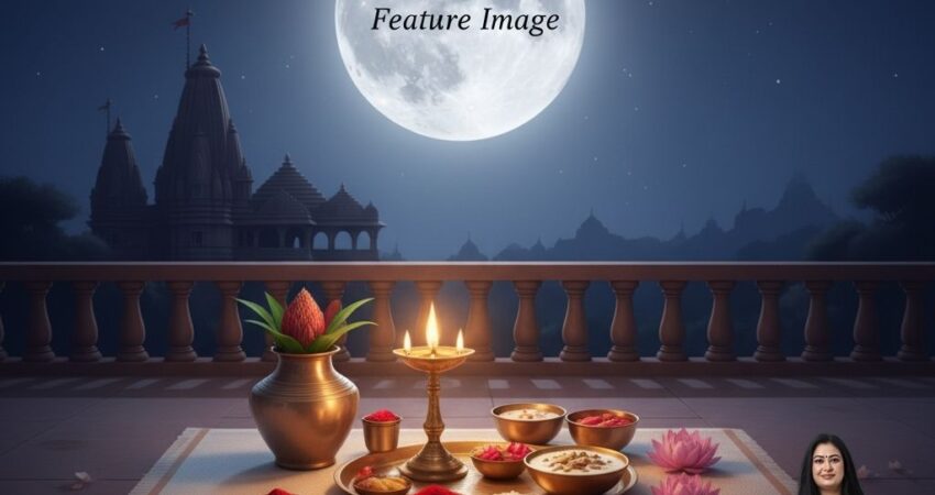 Woman performing Lakshmi Puja on Sharad Purnima 2025, placing kheer under the brightest full moon for healing nectar.