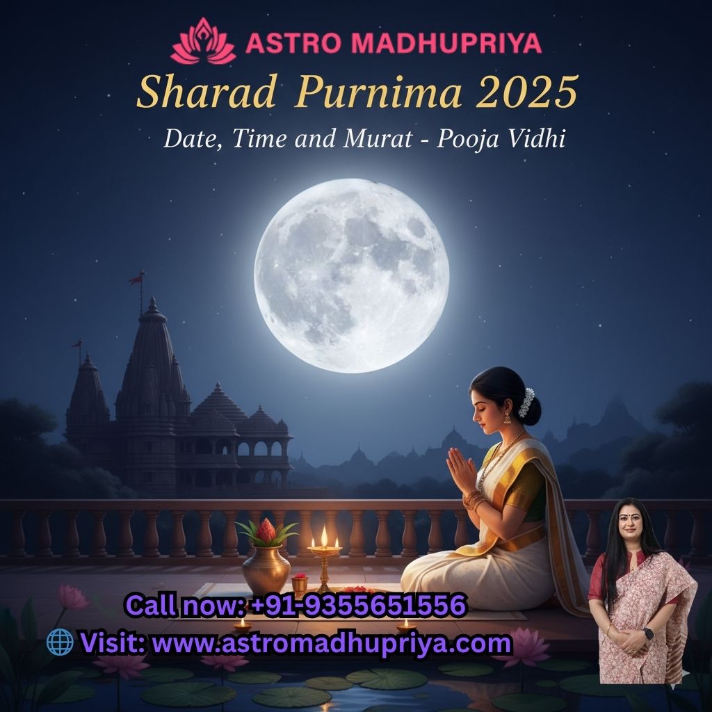 Auspicious Sharad Purnima night in 2025 with a woman performing Lakshmi Puja, placing Kheer under the bright, sixteen-Kala full moon.
