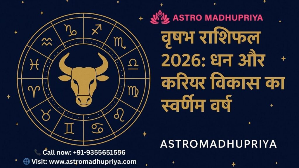 A golden bull symbol representing Taurus stands at the center of a zodiac wheel on a deep blue starry background, surrounded by glowing golden astrological signs. The image reflects power, wealth, and success for Taurus Horoscope 2026 — the Golden Year for Money and Career Growth, designed for Astromadhupriya’s astrology blog