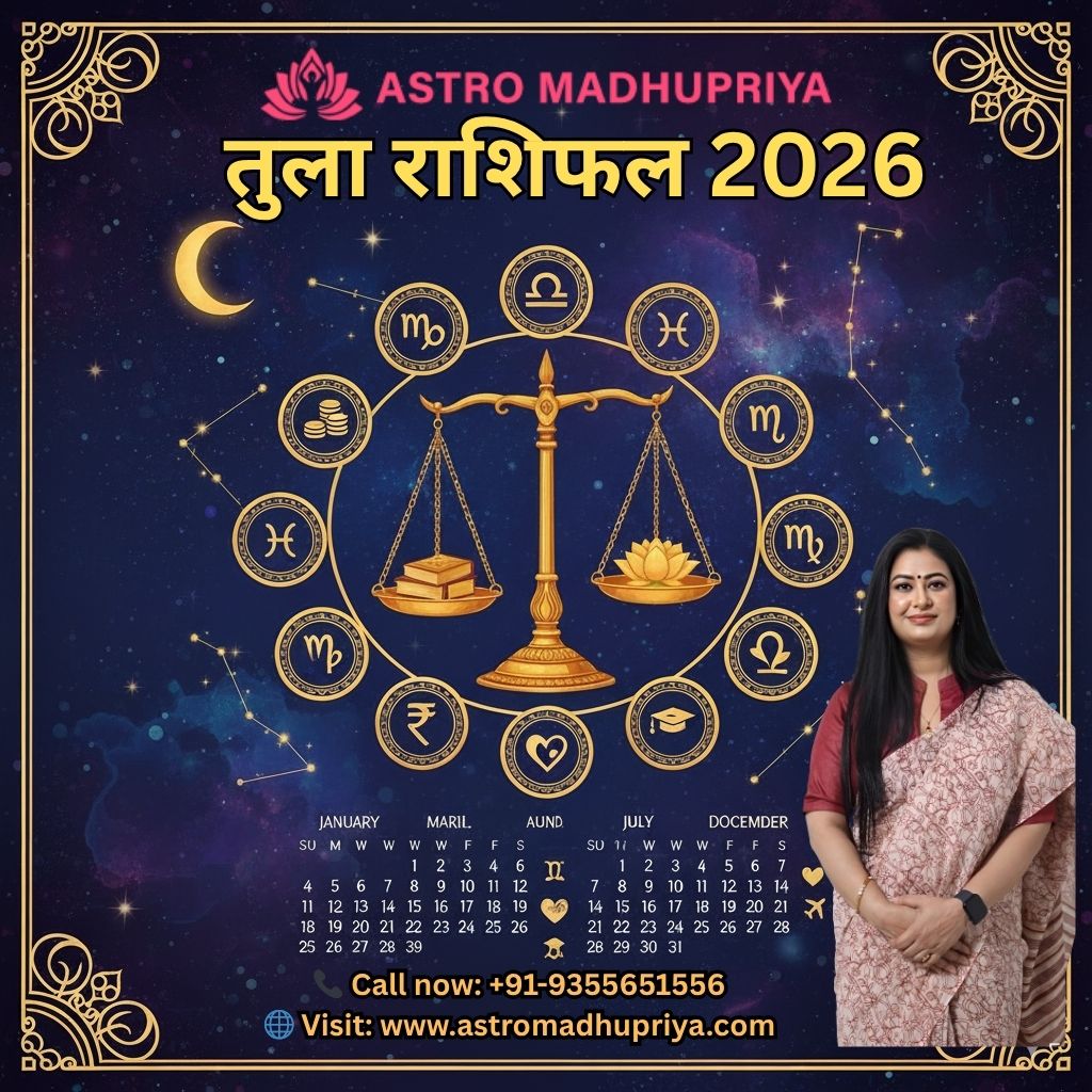 सुनहरी तराजू (तुला राशि चिह्न) एक गहरे नीले, तारों से भरे ब्रह्मांड में स्थापित है, जिसके चारों ओर राशि चक्र के अन्य चिह्न सोने के प्रतीकों में एक वृत्त बनाते हैं। ऊपरी केंद्र में बड़े अक्षरों में लिखा है: 'TULA RASHIFAL 2026' और नीचे 'LIBRA HOROSCOPE 2026'। तुला का चिह्न (तराजू) केंद्र में सबसे प्रमुख है, जिसके एक पलड़े पर पुस्तकों का ढेर और दूसरे पर एक कमल का फूल है, जो संतुलन, ज्ञान और समृद्धि को दर्शाता है। कैलेंडर के महीने (जनवरी, मार्च, जून, जुलाई, दिसंबर) नीचे की ओर दिखाई दे रहे हैं, और नीचे एक सुनहरी पट्टी पर लिखा है: 'A Year of Balance, Growth & Prosperity' (संतुलन, विकास और समृद्धि का वर्ष)।
