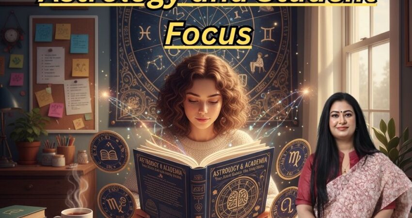 Astro Madhupriya' titled 'Astrology and Student Focus.' It features a young female student sitting at a wooden desk, deeply engrossed in reading a large, open book titled 'Astrology & Academia.' The background is a study room with a large wall tapestry showing the zodiac wheel. On the right, Astromadhupriya, a woman in a light-colored saree, smiles directly at the viewer. Contact details and social media handles are displayed at the bottom of the image."
