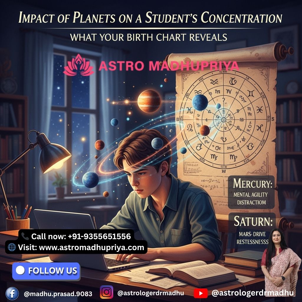 Impact of Planets on a Student's Concentration: What Your Birth Chart Reveals" (छात्र की एकाग्रता पर ग्रहों का प्रभाव: आपकी जन्म कुंडली क्या बताती है)
यह Astro Madhupriya द्वारा अकादमिक सफलता के लिए ज्योतिषीय परामर्श सेवाओं का प्रचार कर रहा है, और इसमें एक छात्रा को किताबों और लैपटॉप के बीच चिंतित मुद्रा में दिखाया गया है, जिसके ऊपर एक खगोलीय कुंडली और ग्रह दिखाई दे रहे हैं।
छवि पर दी गई संपर्क जानकारी:
कॉल करें (Call now): +91-9355651556
वेबसाइट (Visit): www.astromadhupriya.com
फॉलो करें (Follow us) - सोशल मीडिया हैंडल्स:
Facebook: @madhu.prasad.9083
Instagram: @astrologerdrmadhu
YouTube: @astrologerdrmadhu