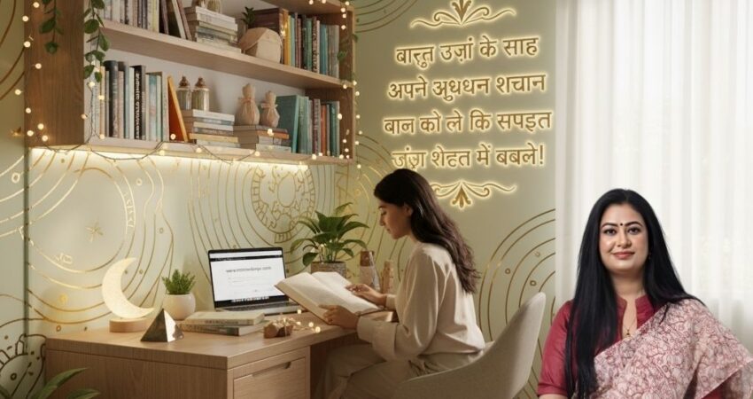 Vastu-compliant study room with a wooden desk facing the ideal direction (East/North). A female student is seated, reading a book. The room features a built-in wooden bookshelf, soft light green walls (a Vastu-approved color), and ample natural light. A gold Hindi inscription on the wall translates to a message of success: "Transform your study space into an energy zone for success with Vastu Energy!" The scene is clutter-free and promotes concentration and positive energy for learning.