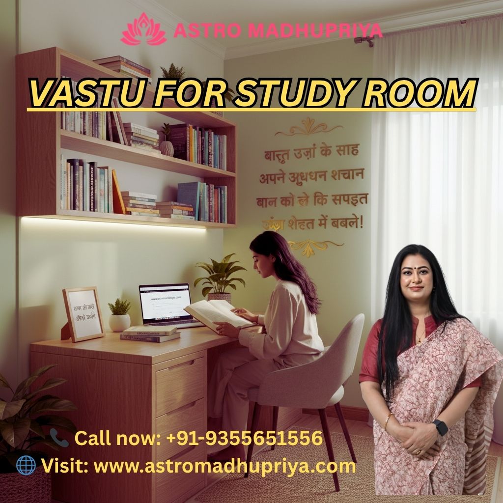 Vastu Study Room: Transform your space for success and focus. This design showcases a Vastu-compliant setup with the desk facing East/North, promoting concentration and memory. The room uses soothing light green/pastel colors for a peaceful atmosphere, ensuring a clutter-free flow of positive energy essential for academic success and intellectual growth.