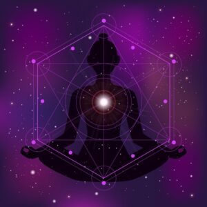 A digitally-rendered silhouette of a person sitting in a lotus meditation pose (Padmasana) against a dark purple, starry cosmic background. Overlaying the figure is a bright white central light and a complex geometric pattern, resembling a seed of life or sacred geometry, outlined in thin purple lines and connecting small glowing purple dots.