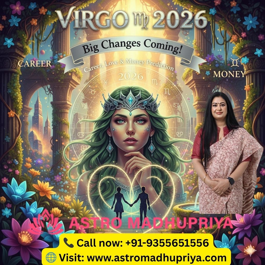 
Based on the image you uploaded, I can see it's a promotional graphic for an astrological prediction.
Here's the key information from the image:
Zodiac Sign & Year: Virgo ♍ 2026
Theme: Big Changes Coming!
Prediction Topics: Career, Love & Money Prediction
Astrologer/Service Name: ASTRO MADHUPRIYA (The name is also associated with the woman in the picture).
Contact Information:
Call now: +91-9355651556
Visit: www.astromadhupriya.com