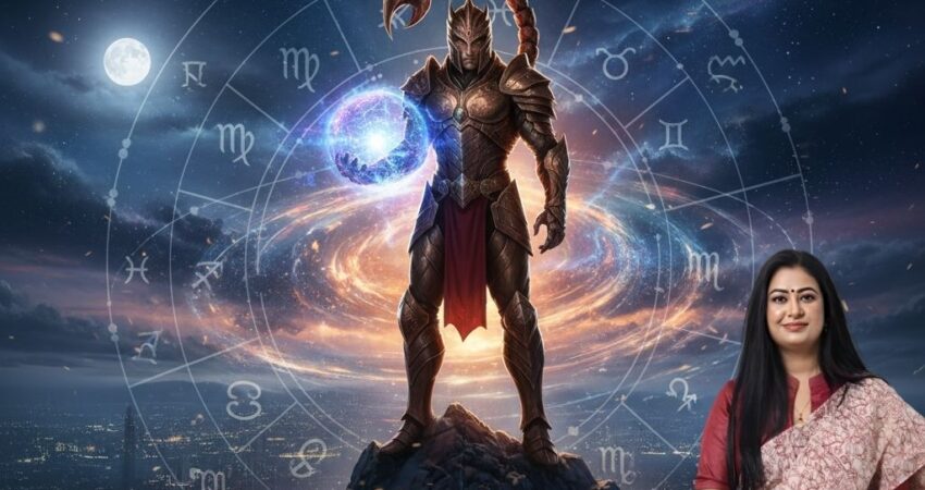 Vrishchik Rashifal 2026 (Scorpio Horoscope 2026) featuring a warrior in scorpion armor, a glowing zodiac wheel over a city skyline, a full moon, and the astrologer Astro Madhupriya.