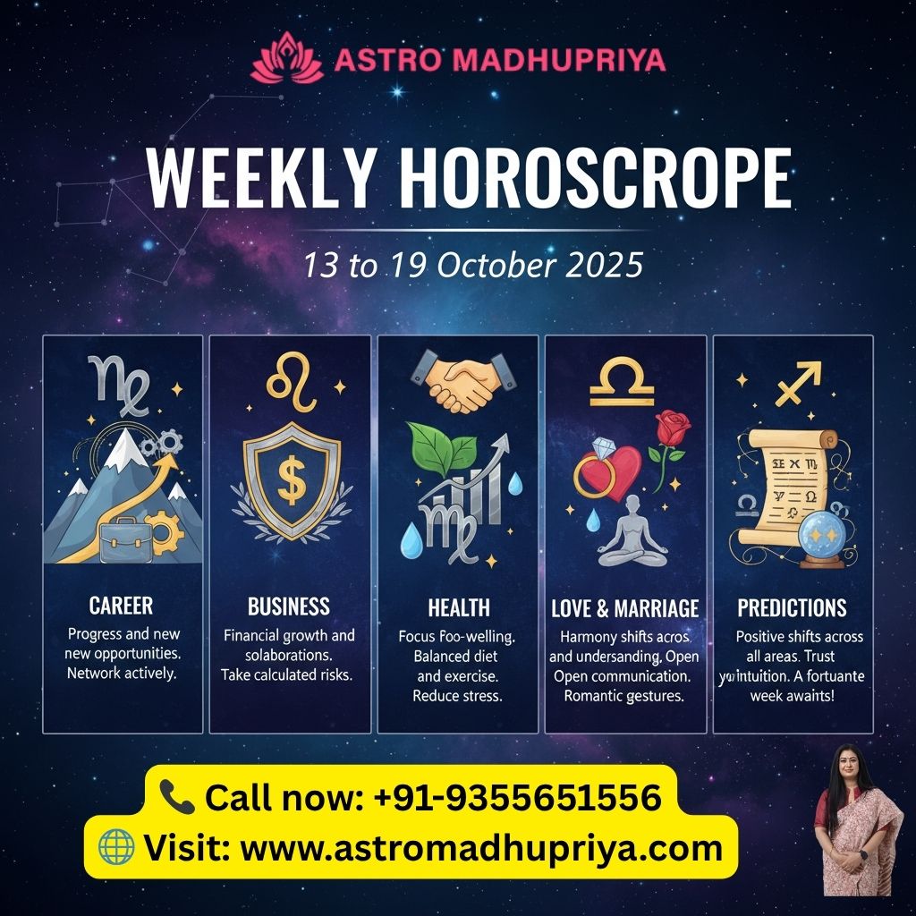 Weekly Horoscope
It covers the week of October 13 to 19, 2025 with predictions in the following areas:
Career: Progress and new opportunities. Network actively.
Business: Financial growth and collaborations. Take calculated risks.
Health: Focus on well-being. Balanced diet and exercise. Reduce stress.
Love & Marriage: Harmony across all areas. Open communication. Romantic gestures.
Predictions: Positive shifts across all areas. Trust your intuition. A fortunate week awaits!
It also includes contact information for Astro Madhupriya:
Call now: +91-9355651556
Visit: www.astromadhupriya.com
Do you have any questions about the predictions, or would you like to know more about the individual zodiac signs for this week?