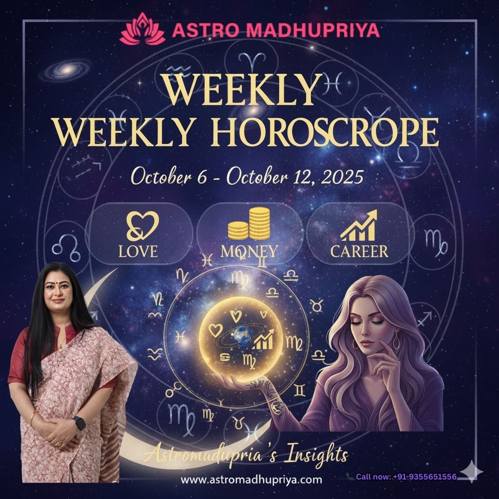 Weekly Horoscope for October 6 - October 12, 2025. Feature image with Zodiac wheel, a woman holding a glowing celestial sphere, and icons for Love, Money, and Career.
Astromadupriya's Weekly Horoscope predictions feature image for October 6-12, 2025, showing a beautiful celestial design focused on love, money, and career.
Weekly Horoscope blog post (October 6 - October 12, 2025). The image features a mystical, starry background, a large Zodiac wheel, and gold icons representing Love, Money, and Career.
