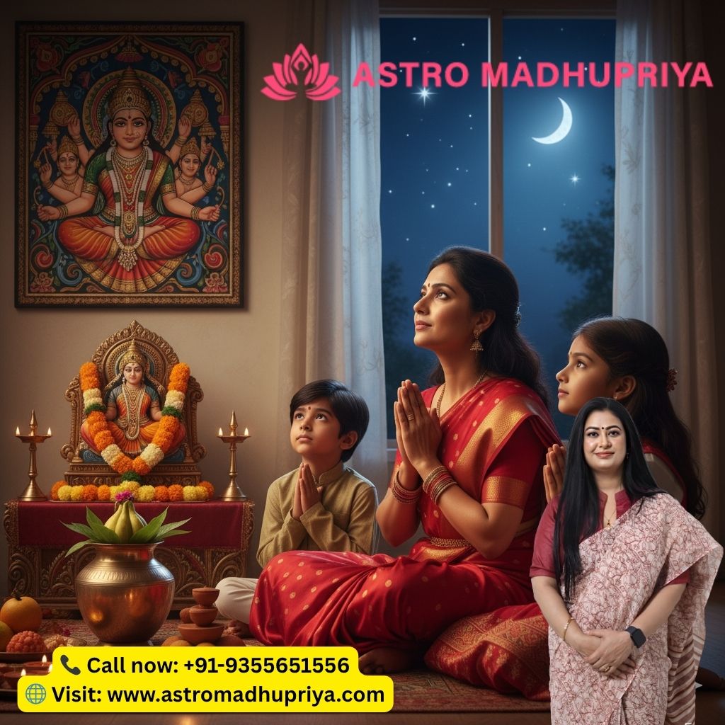 A Hindu mother and her two children sit praying with folded hands indoors at night. They are performing the Ahoi Ashtami puja, looking up at the crescent moon visible through the window. Offerings and lit oil lamps surround the shrine, which features a brass idol and a colorful painting of Maa Ahoi.