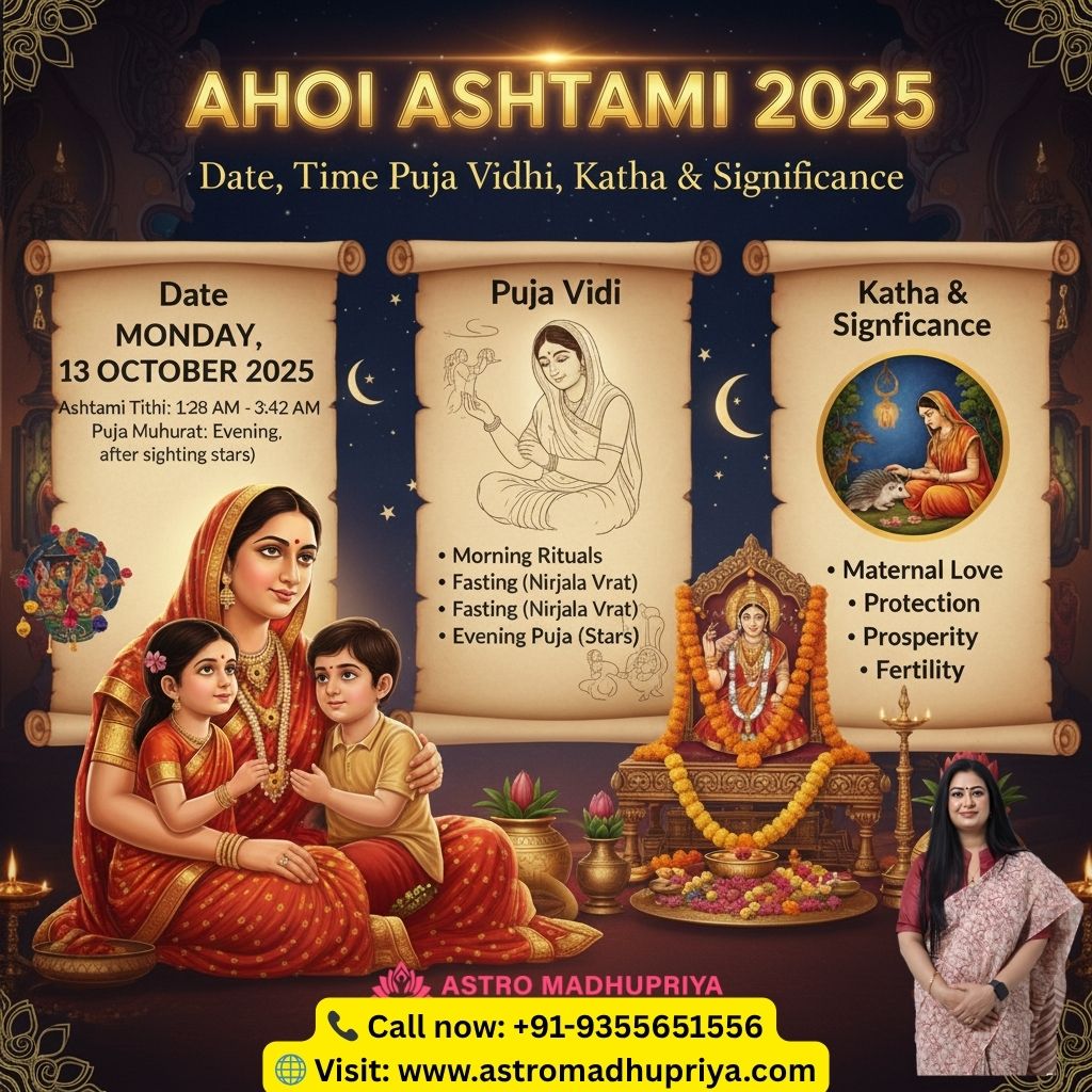 Ahoi Ashtami 2025. It shows Maa Ahoi, a mother with her two children, and an astrologer (Astro Madhupriya), alongside key information: Date (Monday, 13 October 2025), Puja Vidhi (Morning Rituals, Nirjala Vrat, Evening Puja after sighting stars), and Significance (Maternal Love, Protection, Prosperity, Fertility).
