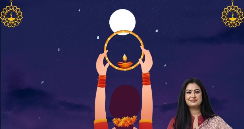 It features an illustration of a woman looking at the moon through a sieve (a traditional ritual) and includes a photograph of Astro Madhupriya. The message is "Wishing you love, laughter, and lifelong happiness this Karwa Chauth," and it provides contact information.