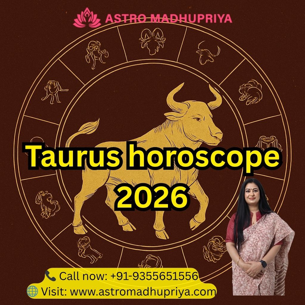 A golden bull stands confidently at the center of a circular zodiac wheel, surrounded by twelve gold-etched astrological symbols on a deep reddish-brown background. The design features fine detailing, warm golden tones, and a mystical, vintage aesthetic representing Taurus and cosmic balance.