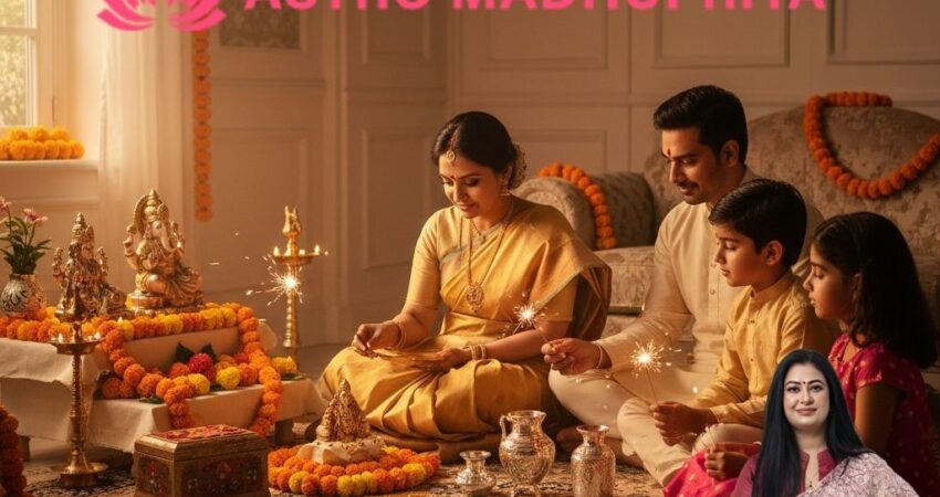 A South Asian family (a couple and their two children) wearing traditional gold and yellow attire sitting on the floor in a warmly lit, decorated living room. They are performing Dhanteras puja around a decorated altar featuring idols of Lord Ganesha and Goddess Lakshmi. The mother is lighting a small sparkler, while the children hold sparklers. Diyas (earthen lamps) and marigold garlands decorate the scene. The text 'धनतेरस 2025' is written in gold at the top.