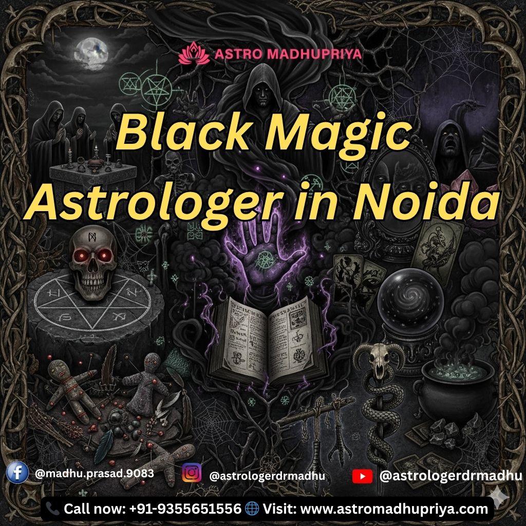 a Black Magic Astrologer in Noida, featuring a mystical setup with candles, crystal ball, tarot cards, voodoo doll, and astrological charts on a wooden table. Bold yellow text reads 'Black Magic Astrologer in Noida.' Contact details and social media handles are displayed below. Keywords: Black Magic Astrologer Noida, Tantric Remedies, Astro Madhupriya, Spiritual Solutions