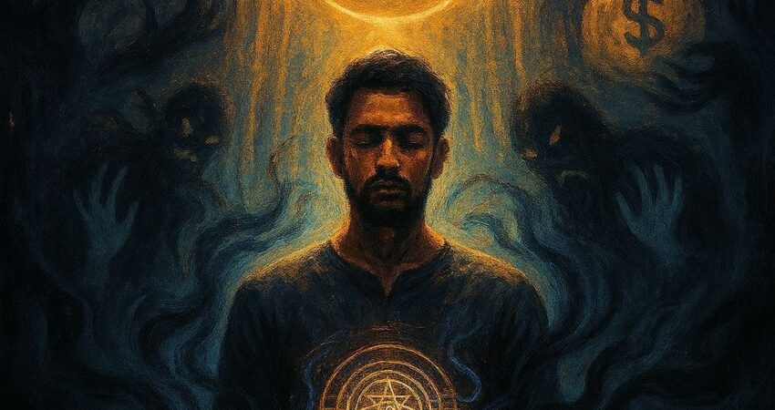 a Black Magic Astrologer in Noida, featuring a mystical male figure with a glowing geometric symbol at his chest and another above his head. The background includes symbolic icons for love (a heart with two faces) and money (a bag with a dollar sign), surrounded by dark swirling energy. Keywords: Black Magic Astrologer Noida, Tantric Remedies, Astro Madhupriya, Love and Wealth Astrology."