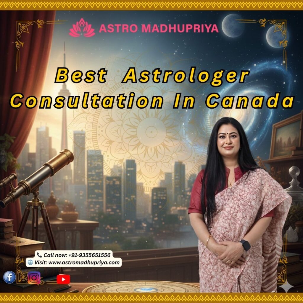 Dr. Madhu Priya, Best Astrologer Consultation In Canada, standing in front of a mystical background with a telescope and a city skyline like Toronto, featuring social media icons and Indian contact number.