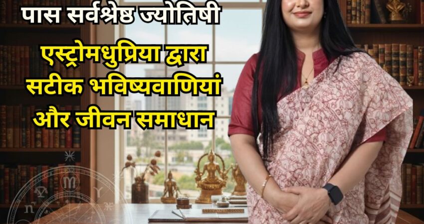 एस्ट्रोमधुप्रिया (Astromadhupriya), वैशाली गाजियाबाद की सर्वश्रेष्ठ ज्योतिषी, अपने कार्यालय में बैठी हैं, साथ में हिंदी में "वैशाली गाजियाबाद के पास सर्वश्रेष्ठ ज्योतिषी - सटीक भविष्यवाणियां और जीवन समाधान" लिखा है।