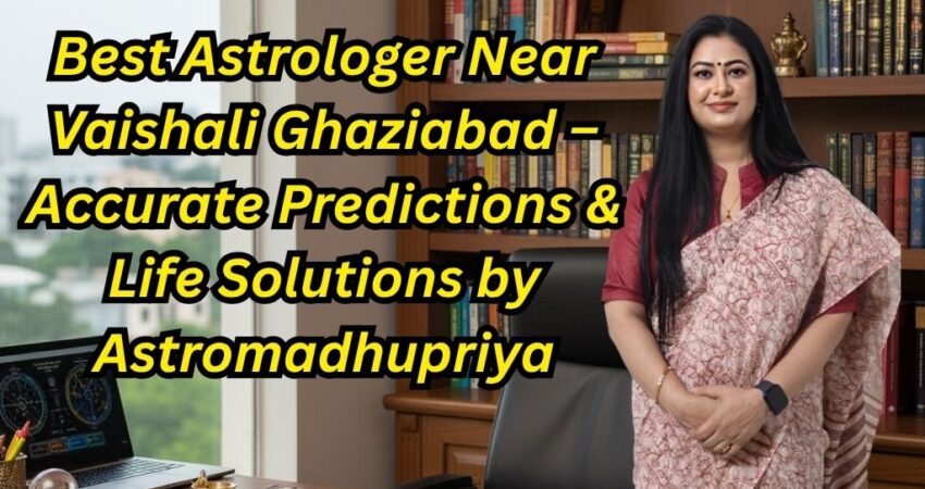 Astrologer Astromadhupriya in her office with text "Best Astrologer Near Vaishali Ghaziabad - Accurate Predictions & Life Solutions by Astromadhupriya."