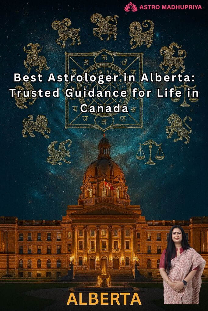 Astro Madhupriya, the Best Astrologer in Alberta, providing Trusted Guidance for Life in Canada using Vedic Astrology. The image features the Alberta Legislature Building and a Hindu horoscope chart.