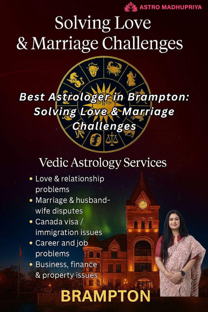 Astro Madhupriya offering Best Astrologer Consultation In Canada. The image features the astrologer in front of a city skyline with a telescope and celestial background, promoting online services.
