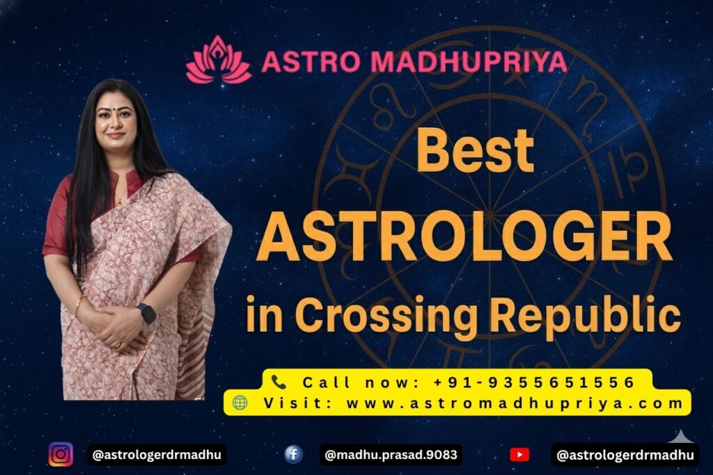 Astro Madhupriya, the Best Astrologer in Crossing Republic. Features a photo of the Vedic expert and contact information: +91-9355651556 and website www.astromadhupriya.com for astrology solutions.