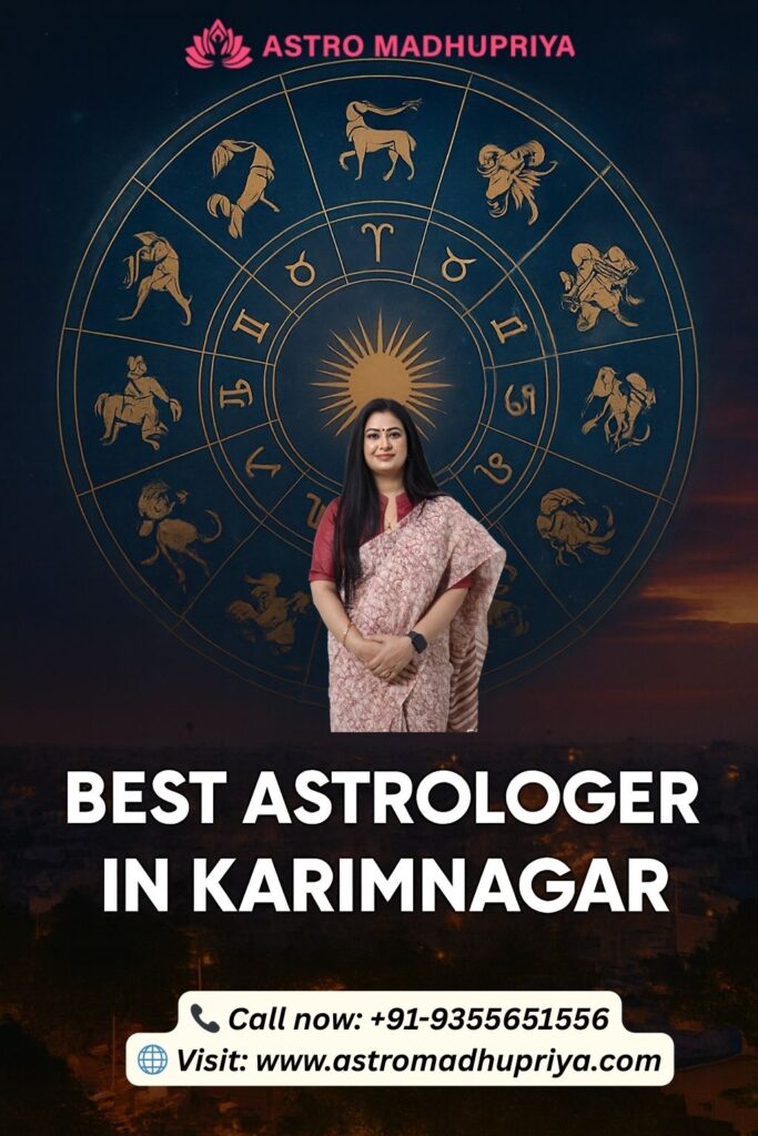 Dr. Madhu Priya with a zodiac wheel, declaring her the Best astrologer in Karimnagar. The image promotes Online astrology services Karimnagar for Astrology remedies for health and disputes and Accurate horoscope reading Karimnagar.
