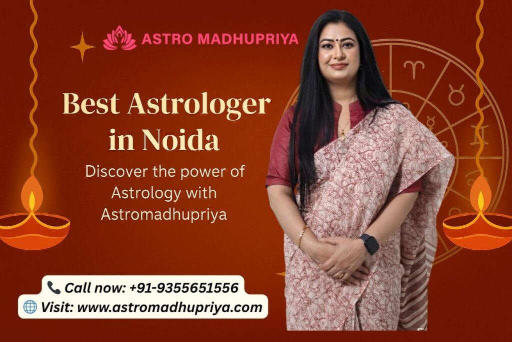 Astro Madhupriya, the best astrologer in Noida, standing in traditional attire with lit diyas and zodiac signs in the background, promoting astrology services.