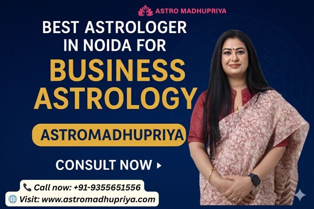 Astromadhupriya, the Best Astrologer in Noida for Business Astrology, standing next to a zodiac chart.