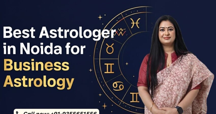 Astromadhupriya, Best Astrologer in Noida for Business Astrology, standing in front of a gold zodiac wheel on a dark blue background.