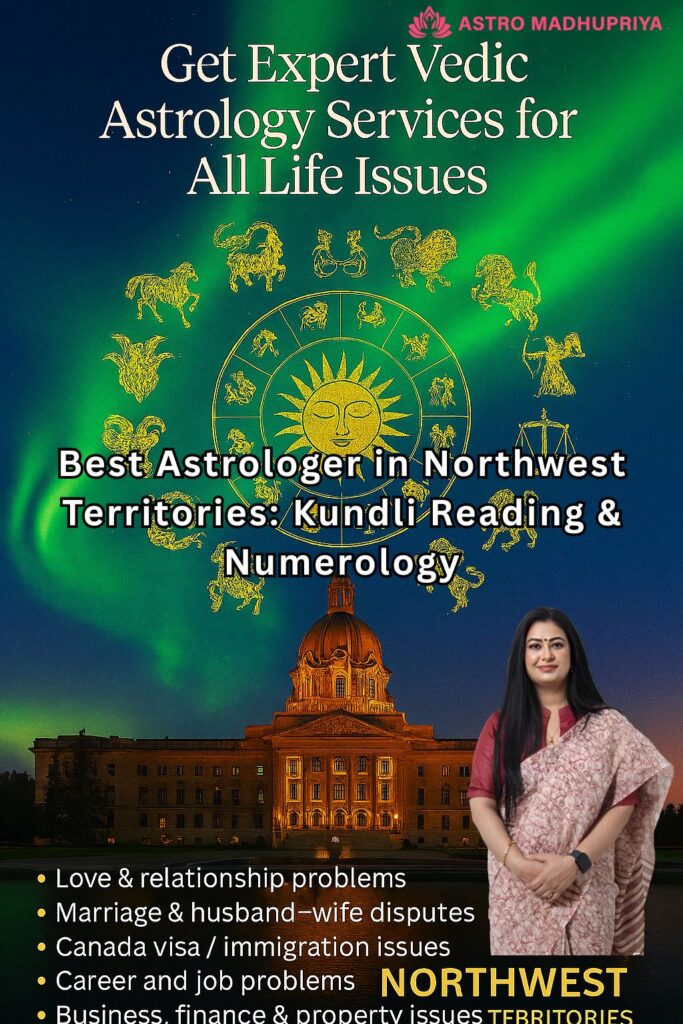 Astro Madhupriya, the Best Astrologer in Northwest Territories, offering Kundli Reading and Numerology for all life issues, set against an Aurora Borealis background over a government building.