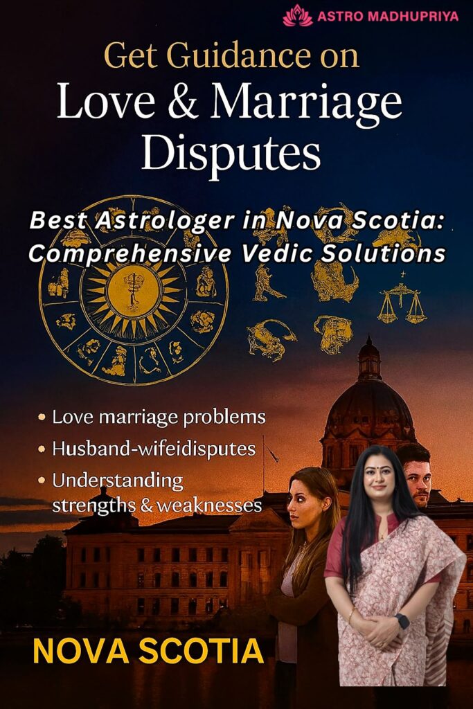 Astro Madhupriya, the Best Astrologer in Nova Scotia, offering Comprehensive Vedic Solutions and guidance on Love & Marriage Disputes. The image features a gold zodiac wheel and a couple with the astrologer in front of a landmark building.