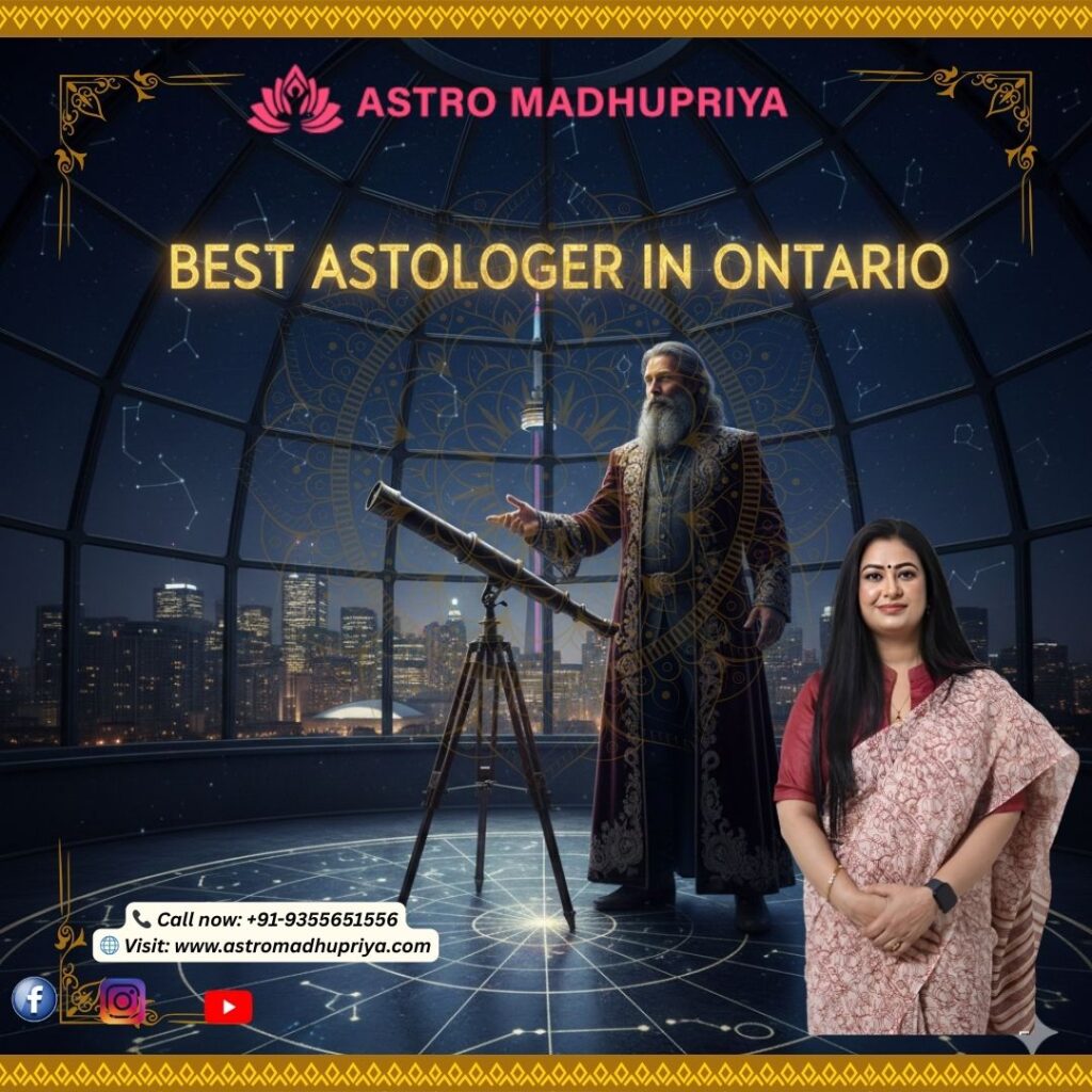 Dr. Madhu Priya, Best Astrologer in Ontario, standing in a high-tech observatory dome overlooking the Toronto skyline and CN Tower, next to an illustration of a wise man and a telescope.