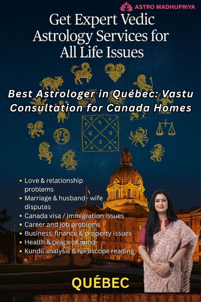 Astro Madhupriya, the Best Astrologer in Québec, offering Vastu Consultation for Canada Homes and Vedic Astrology services for all life issues, set against a background of a historic building in Québec City.