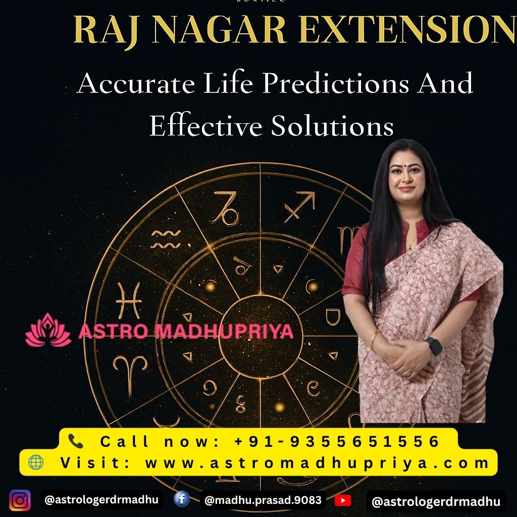 Astro Madhupriya, an astrologer in Raj Nagar Extension, offering accurate life predictions and effective solutions. The graphic shows a woman standing next to a detailed astrological birth chart overlay, with contact information prominently displayed.