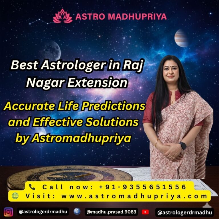 Astromadhupriya, a female astrologer, standing next to a celestial chart with a background of deep space, planets, and stars. Text reads: "Best Astrologer in Raj Nagar Extension - Accurate Life Predictions and Effective Solutions.