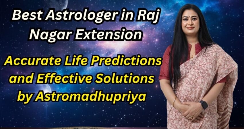 Astromadhupriya, a female astrologer, standing next to a celestial chart with a background of deep space, planets, and stars. Text reads: "Best Astrologer in Raj Nagar Extension - Accurate Life Predictions and Effective Solutions.