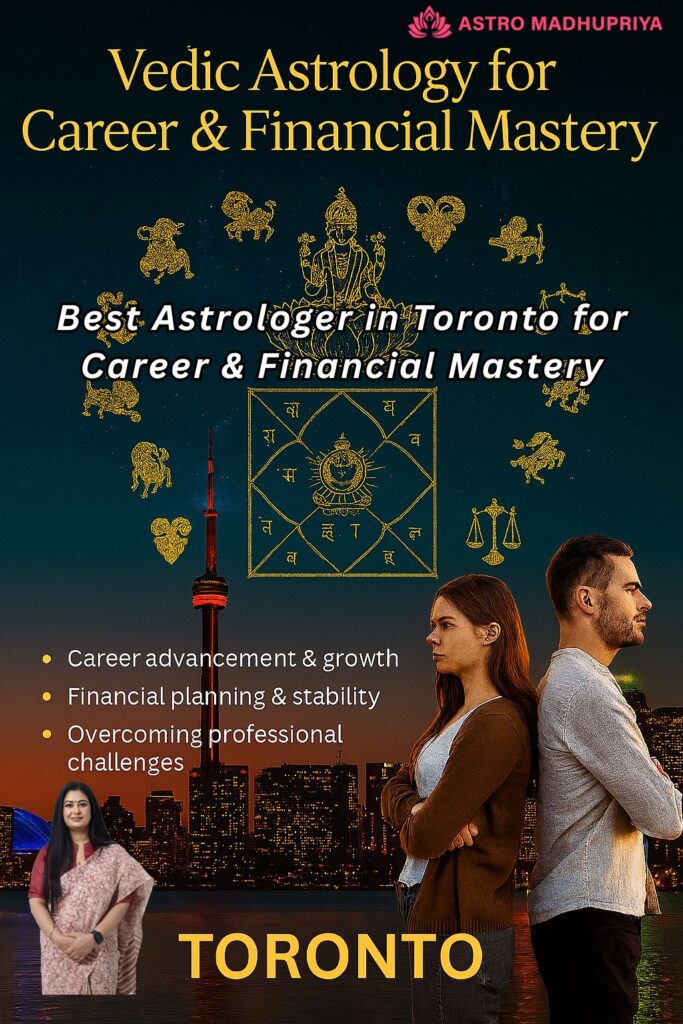 Astro Madhupriya, the Best Astrologer in Toronto, offering Vedic Astrology for Career and Financial Mastery. The image features a Hindu horoscope chart, the Toronto skyline, and a couple symbolizing professional life.