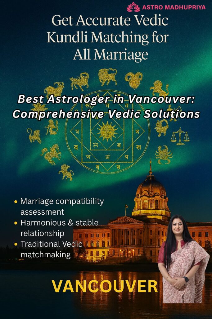 Astro Madhupriya, the Best Astrologer in Vancouver, specializing in Accurate Vedic Kundli Matching and Comprehensive Vedic Solutions for marriage and relationship issues. The image features a Hindu horoscope chart and the BC Parliament building.