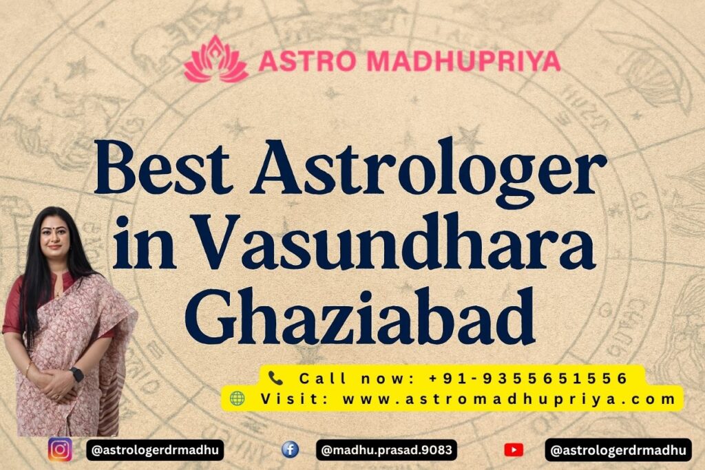 Astrologer Astromadhupriya in Vasundhara Ghaziabad providing Vedic Astrology consultation. Image features a professional female astrologer (Astromadhupriya) standing by a carved wooden desk with a female client seated. The background window shows a city view with cosmic network overlay. Keywords include: Best Astrologer Ghaziabad, Vedic Astrology, Horoscope Reading, Gemstone Recommendation, Vastu Shastra, Destiny Guidance, Career Astrology, Marriage Consultation, Astromadhupriya, Vasundhara. Contact number and website visible.