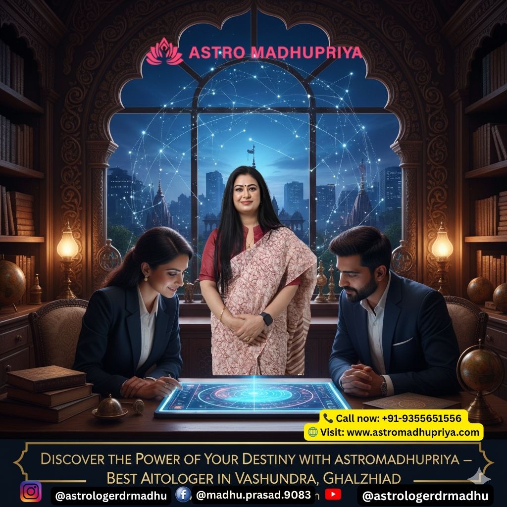 Astromadhupriya, वसुंधरा, गाज़ियाबाद की सर्वश्रेष्ठ ज्योतिषी। इमेज में वह एक आध्यात्मिक और ब्रह्मांडीय पृष्ठभूमि के सामने खड़ी हैं, जिसमें एक बड़ा 'ॐ' का प्रतीक और हथेली में समाया हुआ भाग्य का गोला (destiny orb) दिखाई दे रहा है। यह छवि वैदिक ज्योतिष परामर्श और समस्या समाधान को बढ़ावा देती है। संपर्क नंबर: +91-9355651556 और वेबसाइट www.astromadhupriya.com प्रमुखता से प्रदर्शित हैं।