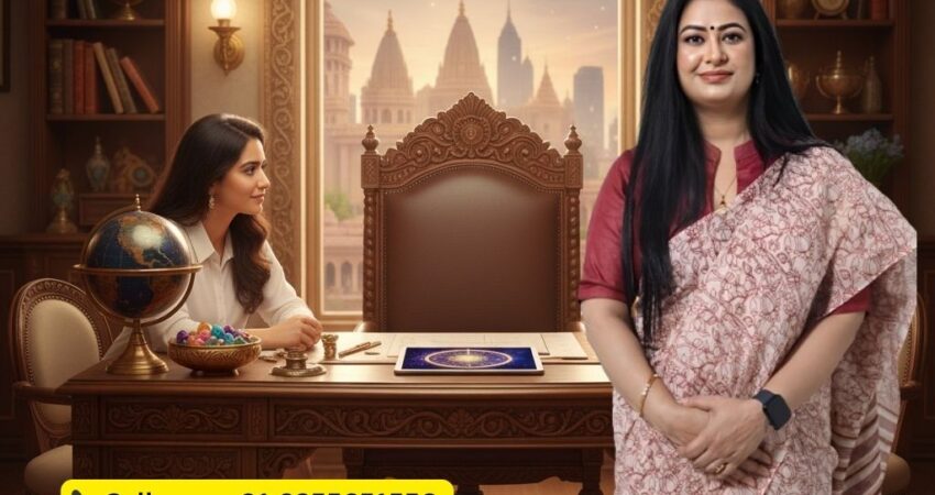 A woman sitting at a desk with an empty chair opposite her, looking towards the right side of the frame where an astrologer, Astromadhupriya, stands smiling. The background features a large arched window with a view of a city skyline and a cosmic network. Contact information and social media handles are overlaid on the image.